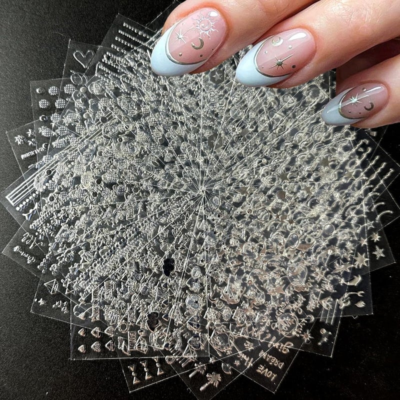 SPLOCUDU 30 Sheets Silver Nail Art Stickers 3D Self-Adhesive Line Nail Decals Silver Star Nail Stickers Moon Heart Nail Supplies Nail Art Design for DIY Acrylic Nails Decoration Accessories for Women - Image 1